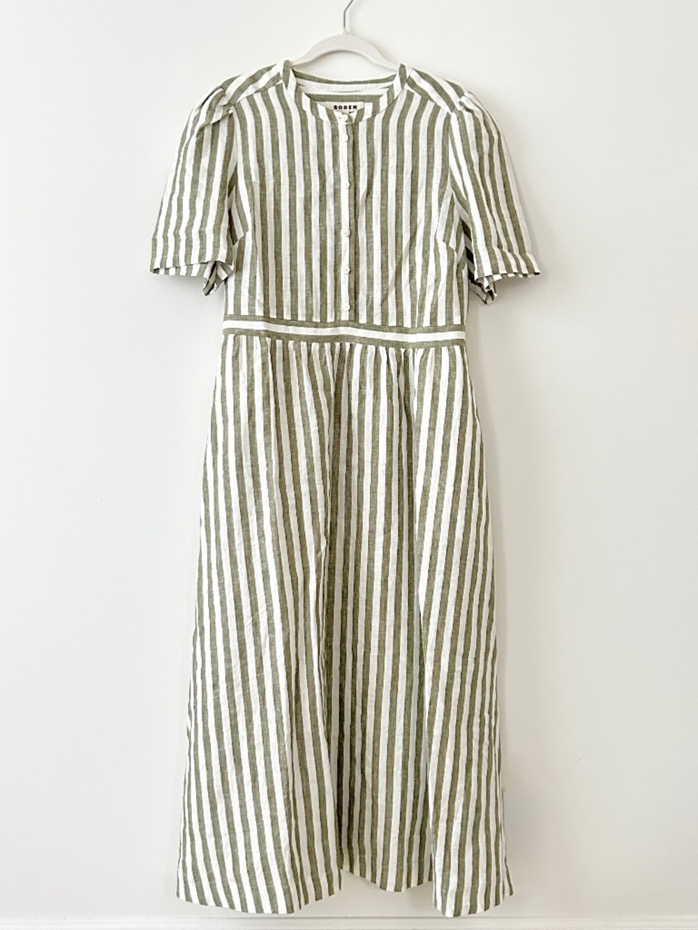 Boden 100% Linen Ivy Green Striped Maxi Dress